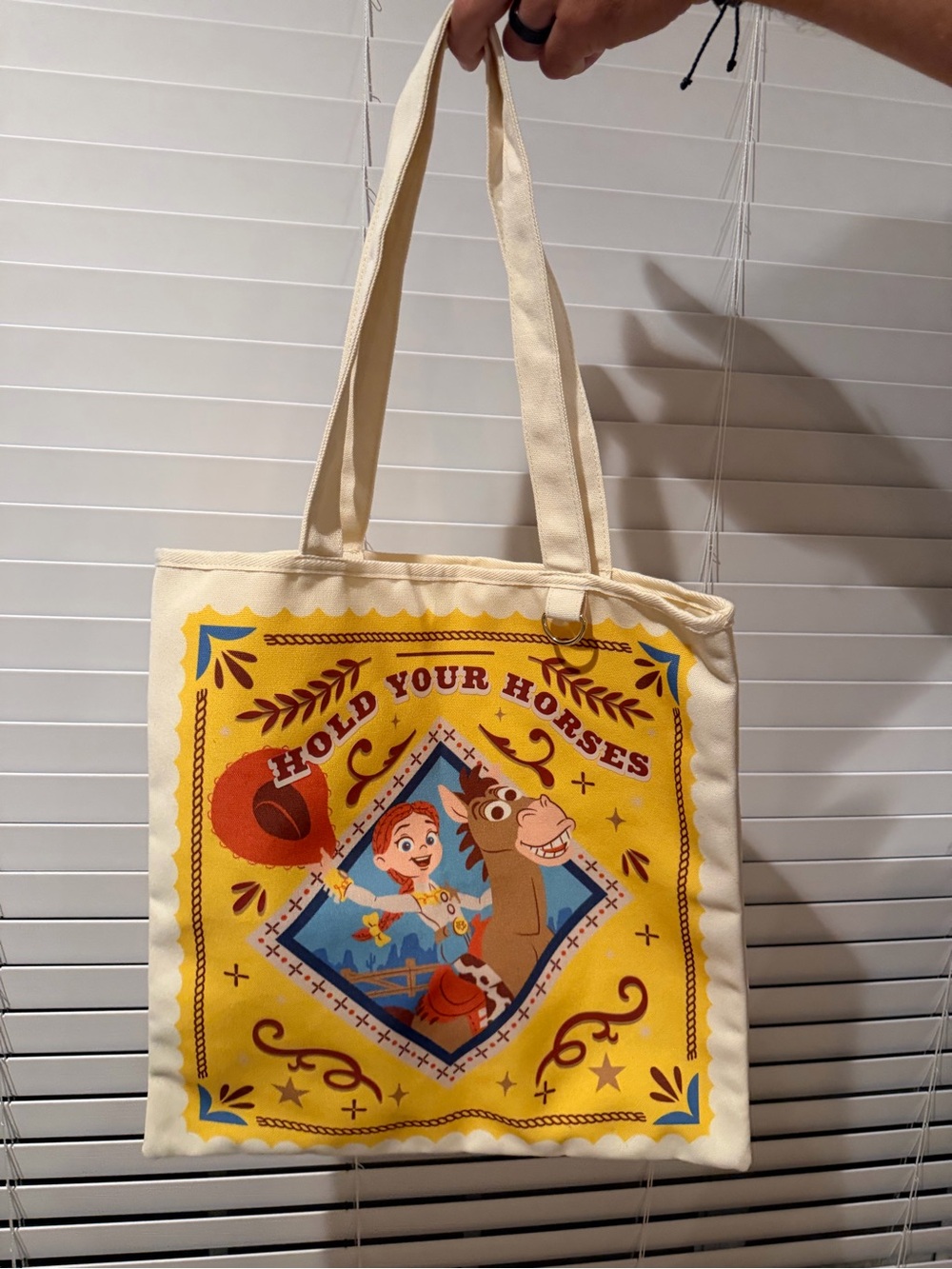 Disney Toy Story Jessie and bullseye Yellow 'Hold Your Horses' Cartoon Tote Bag